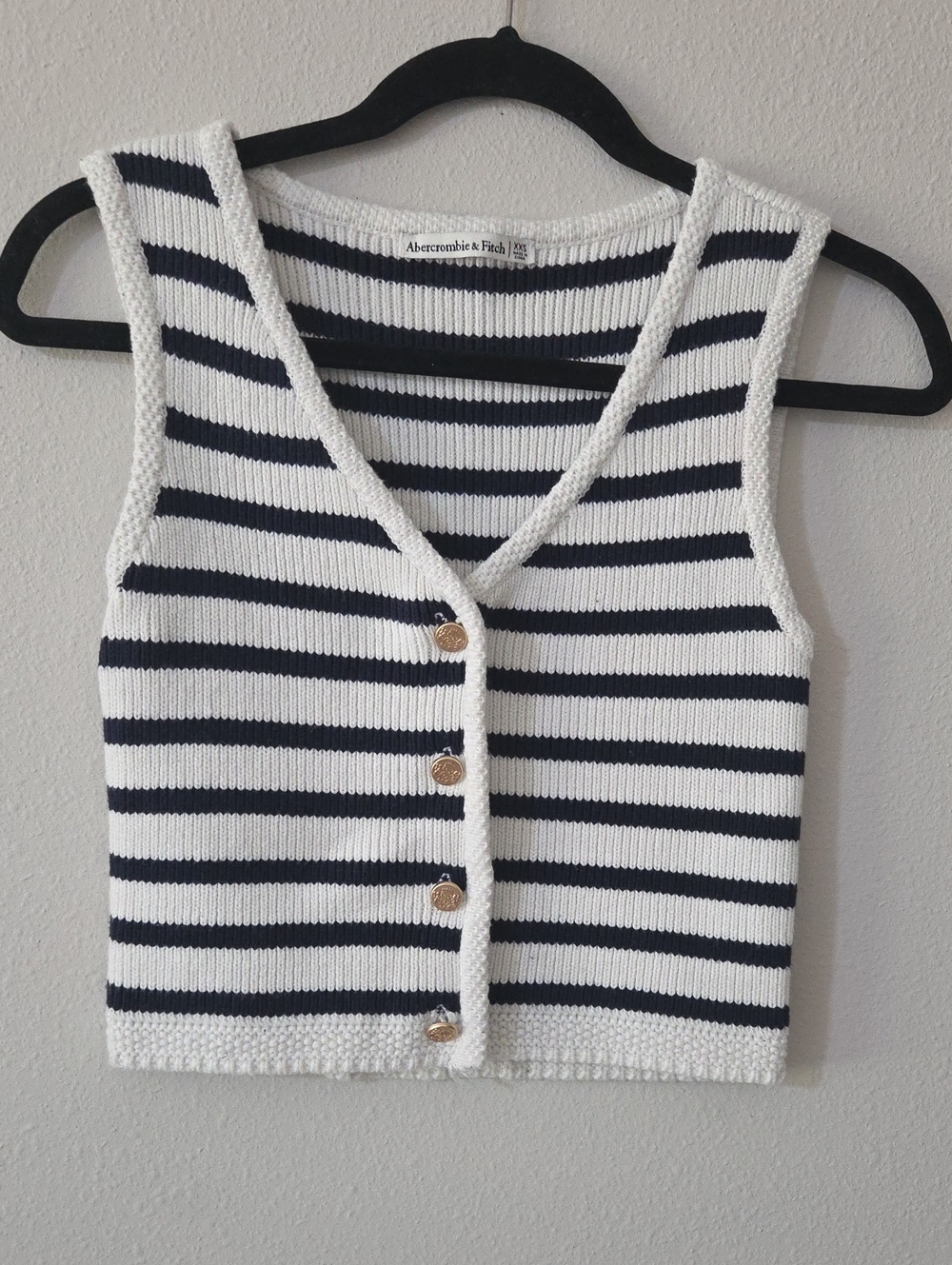 Abercrombie & Fitch Navy and White Striped V-Neck Button Tank Sweater